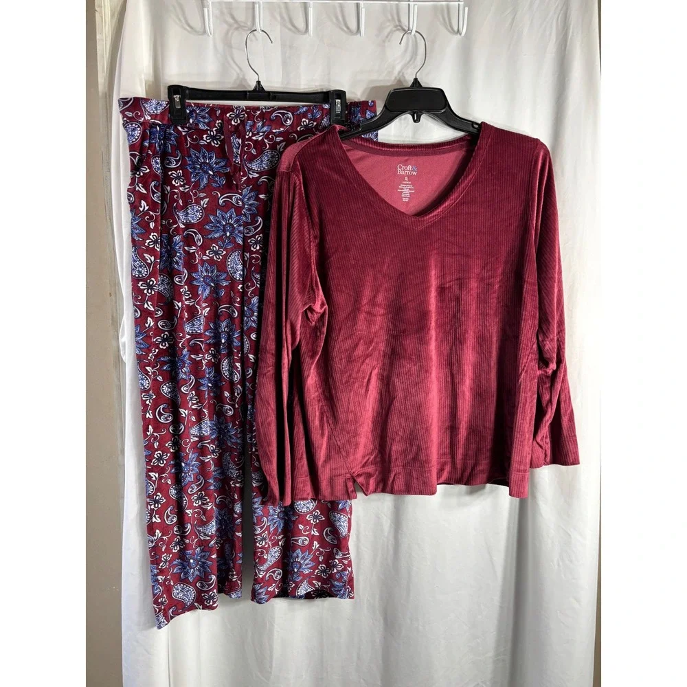 Croft & Barrow Womens Pajama Set Sleepwear‎ Burgundy Floral Pants V-Neck Top XL